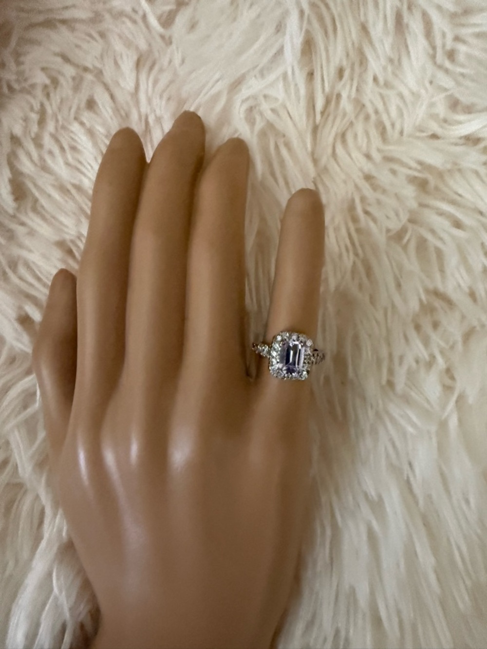Elegant Silver Halo Ring with Lavender stone CZ Emerald-Cut Center Stone - 7